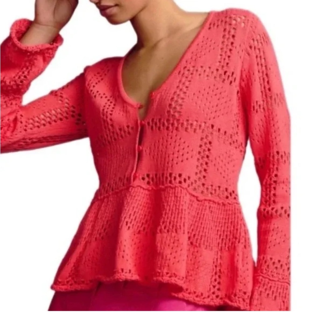 Anthropologie Coral Crochet V-Neck Peplum Sweater